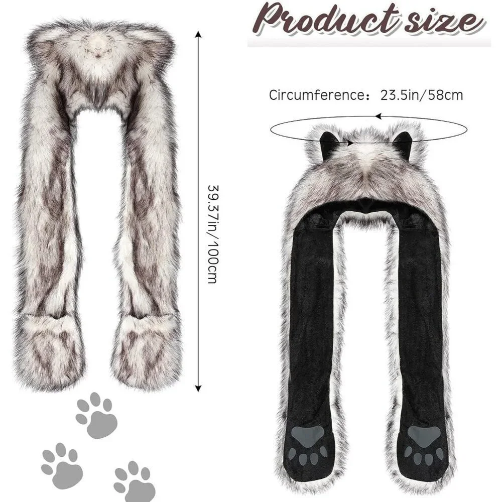 Faux Fur Wolf Hood Hat Scarf Mittens Winter Animal Accessories Unisex
